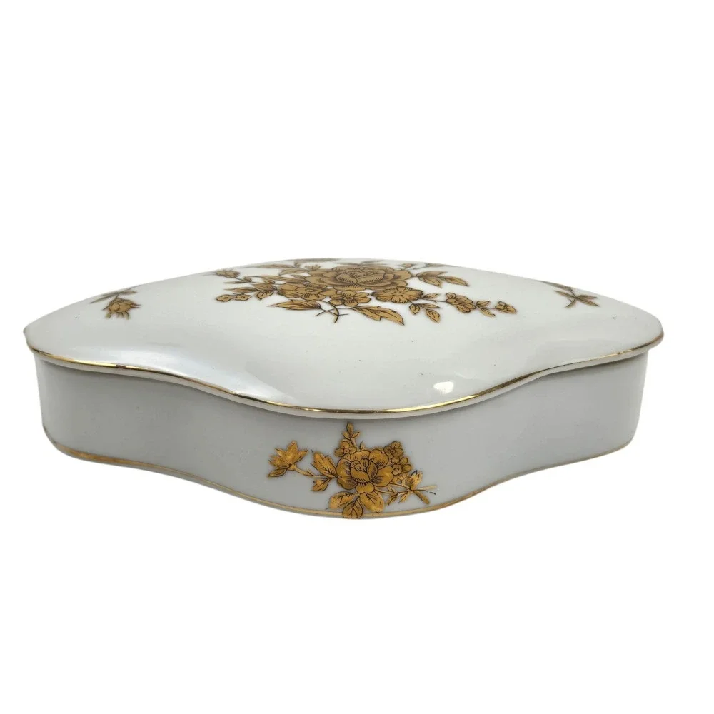 Vtg Porcelain Arnart Creation Trinket Vanity Dish w Gold Leaf Rose & Trim Japan